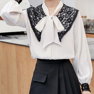 Bow-neck Lace Panel Blouse