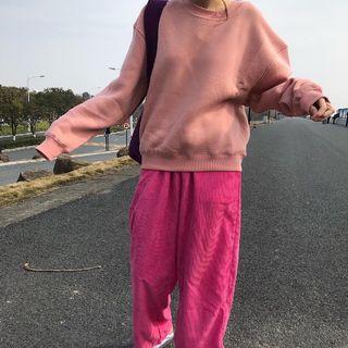 Long-sleeve Plain Pullover / High-waist Ribbed Pants