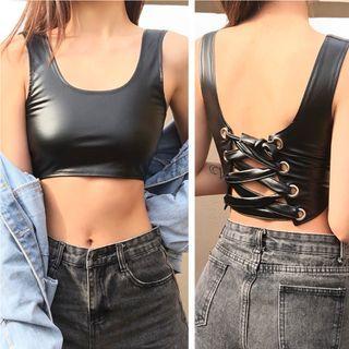 Sleeveless Faux-leather Cropped Tank Top