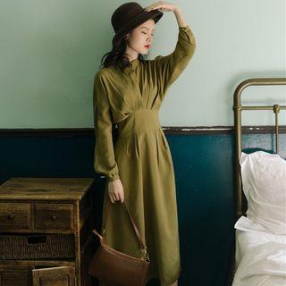 Ruched Batwing-sleeve A-line Midi Dress