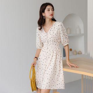 Elbow-sleeve Heart Patterned A-line Dress