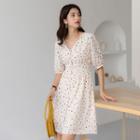 Elbow-sleeve Heart Patterned A-line Dress