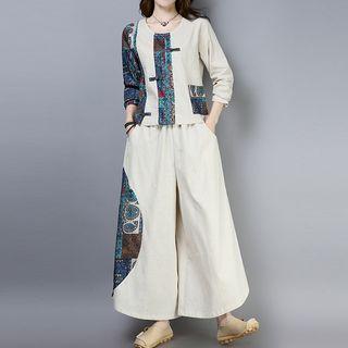 Set: Long-sleeve Frog Buttoned Printed Top + Pants