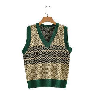 V-neck Color Block Sweater Vest Green - S
