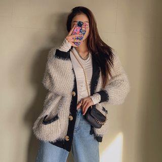 Contrast-trim Oversized Furry Cardigan Beige - One Size