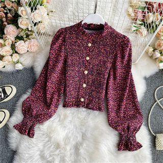 Faux-pearl Button Floral Print Velvet Shirt