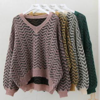 V-neck Wavy Striped Sweater