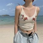 Flower Embroidered Cropped Knit Tank Top White - One Size