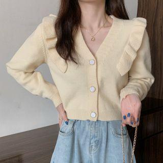 Long-sleeve V-neck Ruffle Trim Button-up Cardigan