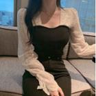 Long-sleeve Lace Trim Blouse Black & White - One Size