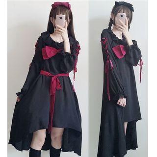 Bow Accent Ribbon Detail Long-sleeve Dress