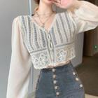 Patterned Button-up Cropped Blouse Almond - One Size