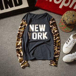 Camouflage Panel Letter Long-sleeve T-shirt