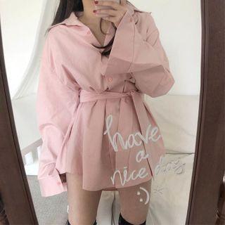 Tie-waist Oversize Shirt Pink - One Size