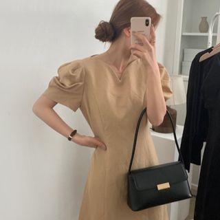 Plain Puff-sleeve V-neck Midi A-line Dress