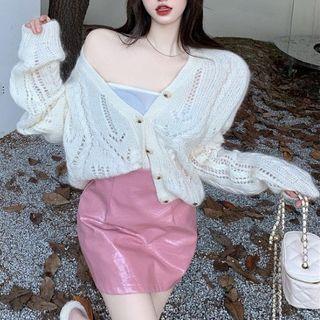 Pointelle Knit Cardigan / Faux Leather A-line Skirt
