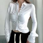 Shirred Long-sleeve Button-up Crop Top