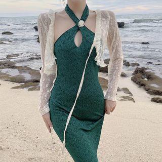 Cross-strap Slit Maxi Dress / Mesh Jacket