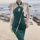Cross-strap Slit Maxi Dress / Mesh Jacket