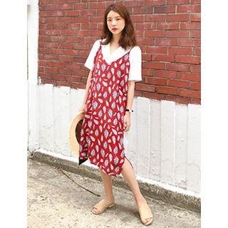 Spaghetti-strap Feather Pattern Midi Dress