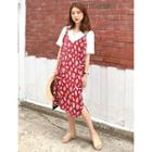 Spaghetti-strap Feather Pattern Midi Dress