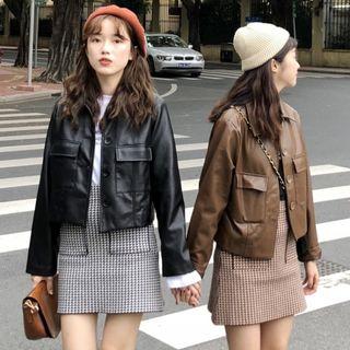 Faux Leather Long-sleeve Button Jacket