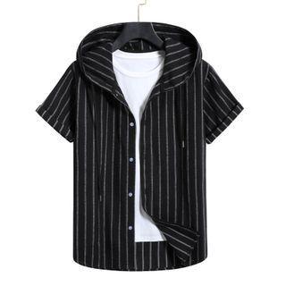 Short-sleeve Hooded Striped Shirt