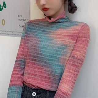 Long-sleeve Tie Dye Turtleneck Top Blue & Pink - One Size