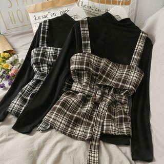 Set: Plaid Vest With Belt + Cowl-neck Knit Top