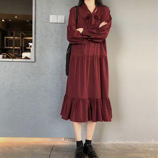 Long-sleeve Tiered Tie-neck A-line Midi Dress