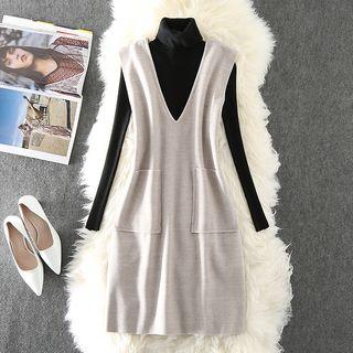 Mock Turtleneck Sweater / V-neck Pinafore Dress / Set
