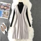 Mock Turtleneck Sweater / V-neck Pinafore Dress / Set