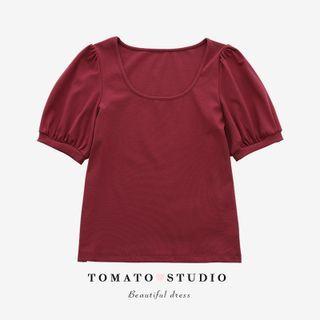 Square-neck Plain Puff-sleeve Top