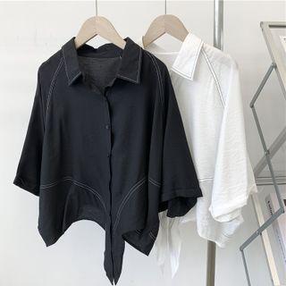 3/4-sleeve Contrast Stitching Ribbon Shirt