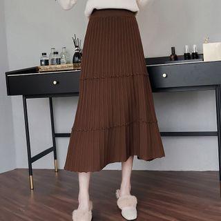 Pleated Tiered Knit Midi Skirt
