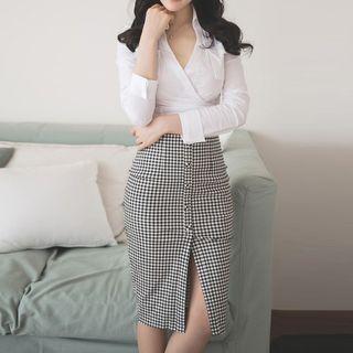 Set: Split-neck Long-sleeve Blouse + Gingham Skirt