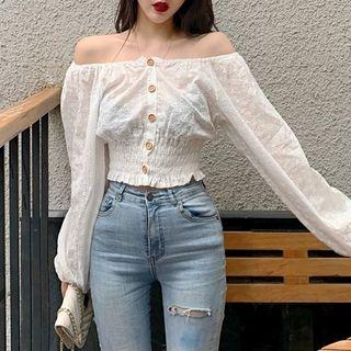 Off-shoulder Buttoned Smocked Top White - One Size
