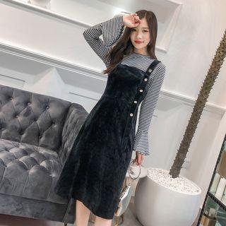 Set: Striped Long-sleeve T-shirt + Velvet Jumper Dress