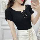 Short-sleeve Lace-up Knit Top White - One Size