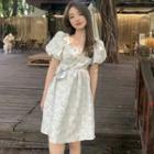 Puff-sleeve Square-neck Printed Open Waist Dress