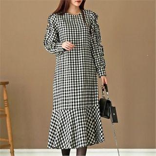 Ruffle-hem Long Check Dress
