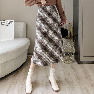 High-waist Plaid Wool Midi Skirt
