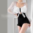 Balloon-sleeve Two-tone Swimsuit / Swim Dress