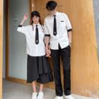 Couple Matching Contrast Trim Elbow-sleeve Shirt / Midi A-line Skirt / Straight-fit Pants