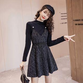 Set: Long-sleeve Mock-nock T-shirt + Tweed Mini A-line Pinafore Dress