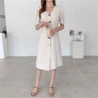 Buttoned Linen Blend A-line Dress Beige - One Size