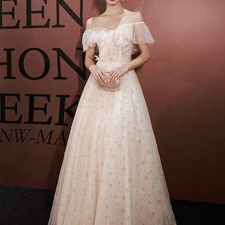 Cap-sleeve Faux Pearl Ruffled A-line Evening Gown