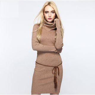 Funnel Neck Rib-knit Mini Dress