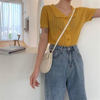 Collared Short-sleeve Pointelle Cropped Knit Cardigan