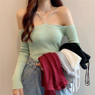 Long-sleeve Off-shoulder Slim-fit Halter Top